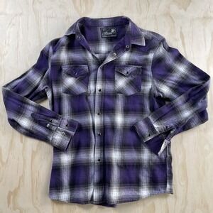 Vintage Y2K Elour Flannel Shirt Mens Large Purple Plaid Long Sleeve Pearl Snap